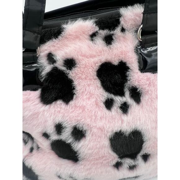 Pink Faux Fur Pet Carrier with Paw Print Design - Picture 3 of 6